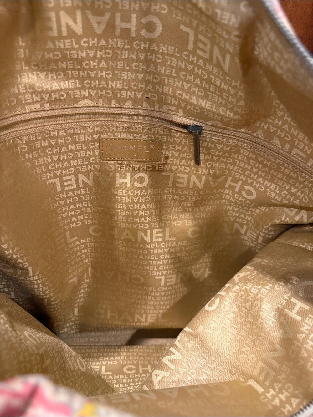 CHANEL Multicolor Printed Canvas Tote with Cream Leather Trim and Strap